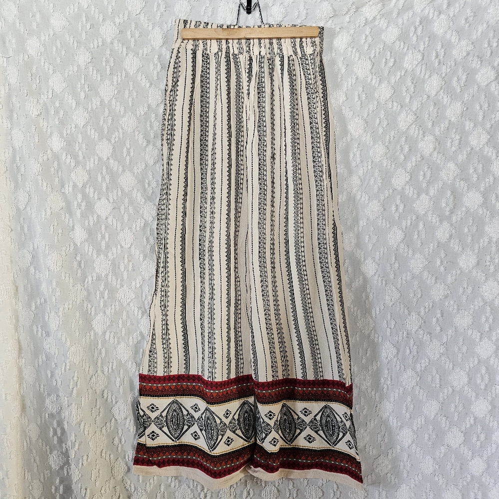 Bohemian Wide Leg Pants in Cream with Red & Black Border